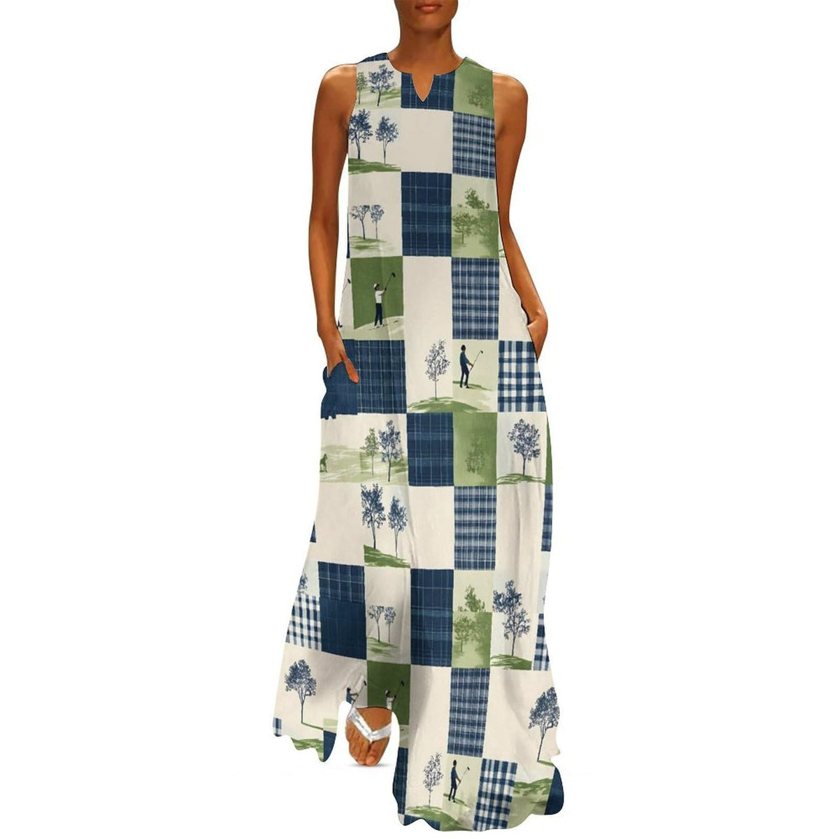 Robe longue maxi ample à carreaux de golf pour femme, sans manches, col en V, style cocktail, avec poches