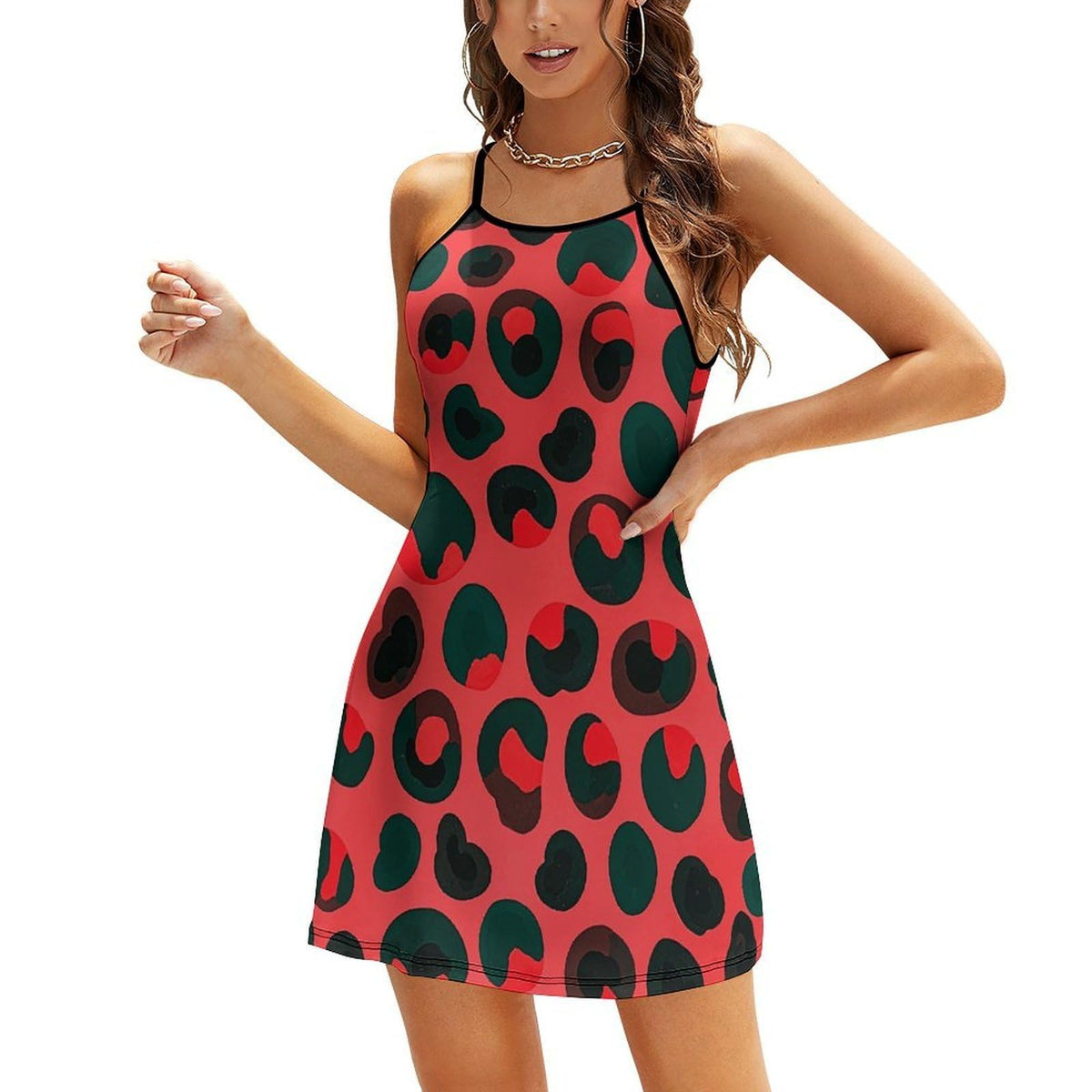 Robe d'été femme à motif léopard rouge, bretelles spaghetti ajustables, mini robe décontractée à bretelles fines, robe de plage