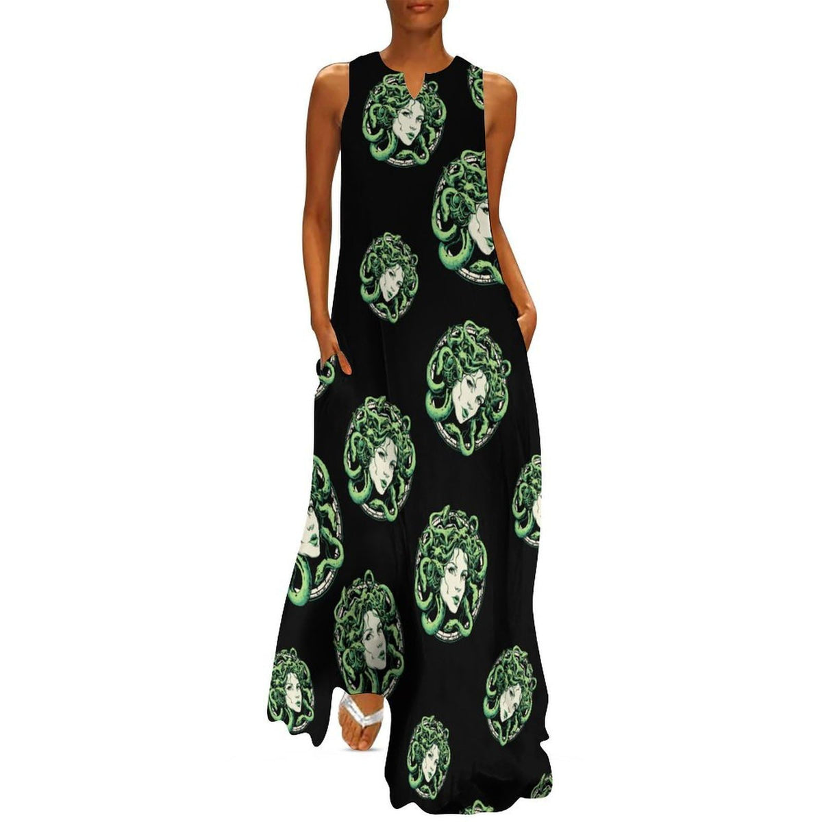 Robe longue maxi sans manches à col en V, coupe ample, style cocktail, ornée de serpents verts Medusa, avec poches.
