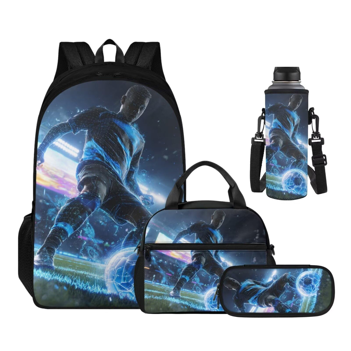 Sac à dos de footballeur avec boîte à lunch, trousse et porte-bouteille pour enfants de 8 à 12 ans (maternelle et collège).